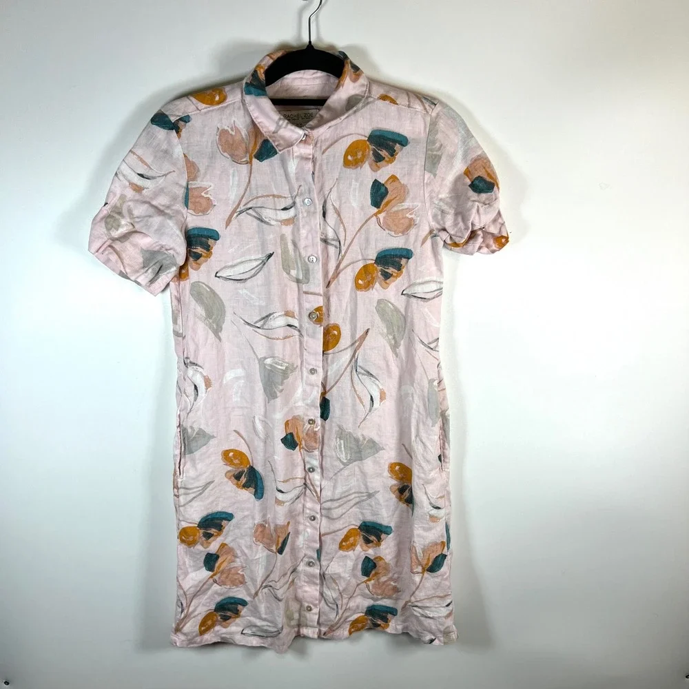 Rachel Zoe Linen Floral Shirt Dress Pink Mustard‎ Short Sleeve Button Front XS